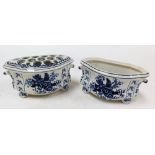 Two Booths blue and white flower bough pots, in Worcester style, one with top inset, 9cm high x 18cm