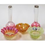 A group of Victorian vaseline and cranberry glass, to include a pair of George V cranberry glass bud