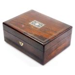 A late 19thC rosewood dressing case, with a brass banded and mother of pearl inlaid exterior opening
