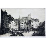 Percy Westwood. Market Square Alberiette, etching, signed in pencil to margin, 24cm x 36cm, framed a