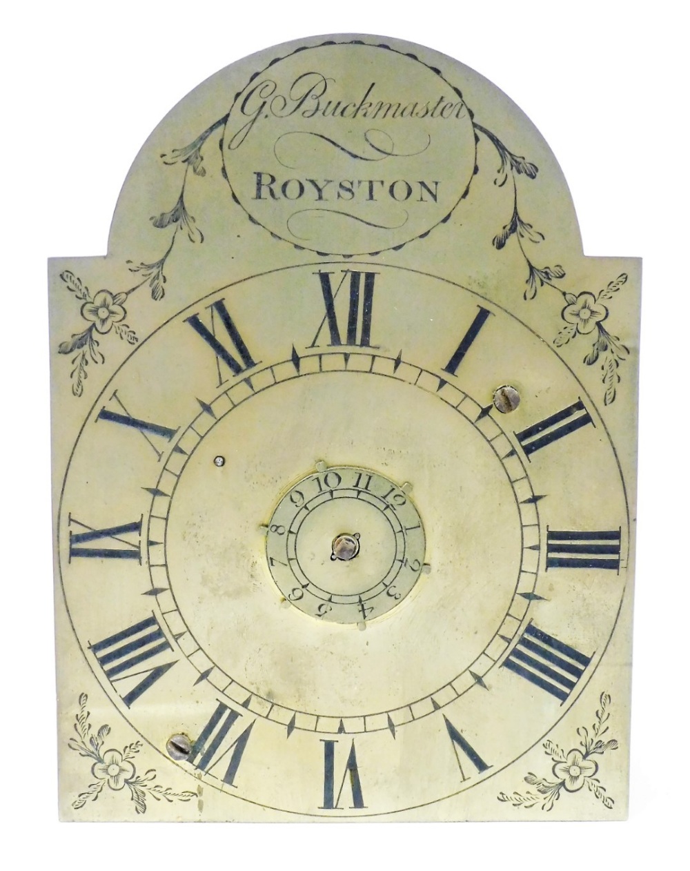 G Buckmister, Royston. An 18thC lantern clock, the brass plate front with Roman Numerals and central - Image 2 of 4