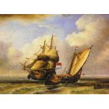 20thC School. A Victorian style oil on canvas of ships, 12cm x 16cm, in elaborate gilt frame with la