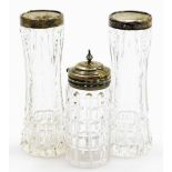 Three silver topped and cut glass jars, to include a pair of silver rimmed bud vases, and a silver p