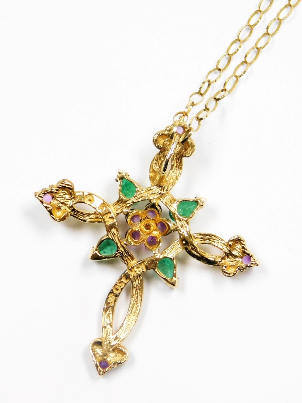 A House of Faberge Violets in the Snow cross pendant and chain, the cross set with amethyst and emer - Image 3 of 3