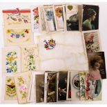A group of postcards, to include two embroidered postcards, one with flowers, another inscribed Best