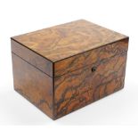 A late 19thC figured walnut writing box, the outer exterior with flamed detailing, and single drawer