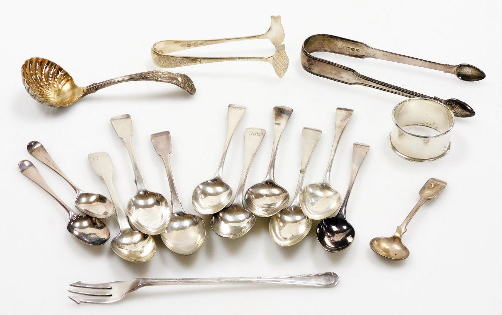 Georgian and later silver flatware, including a pair of sugar bows, London 1812, a pair of silver sa