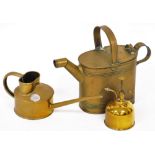 A Victorian brass watering can, a spray bottle and a copper oil can with leaf stamp. (3)