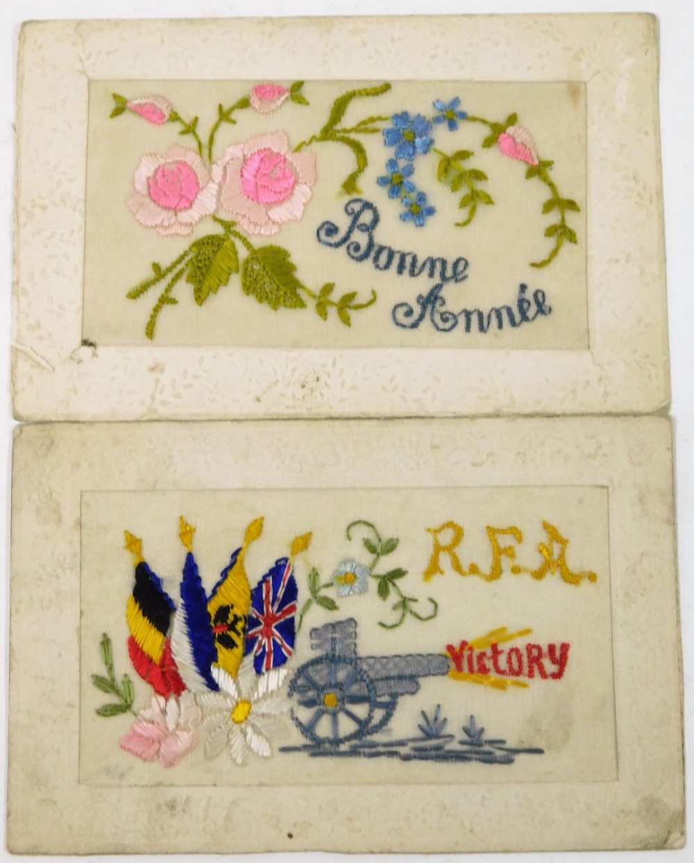 Two silk postcards, one RAF Victory, with emblem on cannon and another Bon Amee. (2)