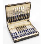 A cased set of Booths handled fish knives and forks, with Royal blue handled picked out in gilt with
