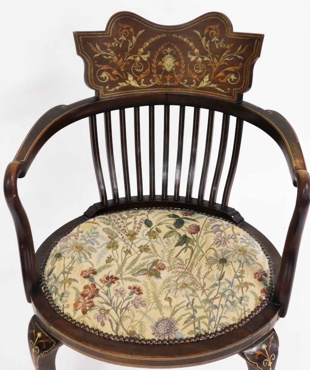 An Edwardian inlaid elbow chair, with slated back and carved shield crest with parquetry detailing o - Image 2 of 2