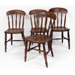 A 19thC set of four stained ash and elm stick back kitchen chairs.