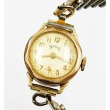 A Servis 9ct gold cased ladies wristwatch, on a later expanding stainless steel strap, 20.3g all i