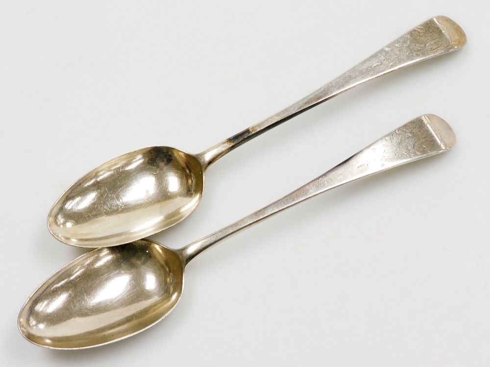 A pair of George III silver tablespoons, Old English pattern, initialled 'J A W', London 1787, maker