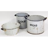 Enamel wares, to include a large white and blue enamel bread bin, flour bin and a wash bowl. (3)