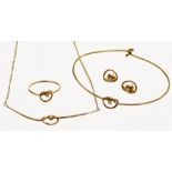 A 9ct gold and diamond set jewellery suite, to include bangle, stud earrings, necklace and dress rin