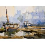 John Hoar. Fishing Boats at Appledore, Devon, bares biro signature, watercolour, 31cm x 48½cm, in mo