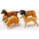 A group of four animal ornaments, a Goebel brown dog, a Roger greyhound, a Beswick stroller.