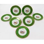 A set of seven Booths cabinet plates, with a lime green outer ground with gilt decoration with paint