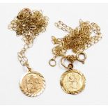 Two 9ct gold St Christopher's pendants, on fine link 9ct gold chains, 1.3g.