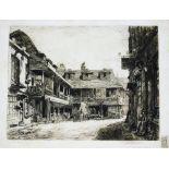 Percy Thomas. The Old Gabard Piatzza, etching, dated to margin 1885, with Thetabard gild stamp to ma