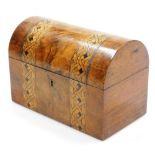 A late 19thC walnut tea caddy, with a domed and parquetry inlaid top, opening to reveal two lidded s