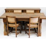 An oak dining room suite, comprising a refectory table and four dining chairs with button upholstere