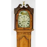 J. Saltby of Grantham. A 19thC oak and mahogany longcase clock, with swan pediment hood with bulbous