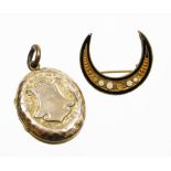 Two items of jewellery, to include a hammered design locket with vacant shield, yellow metal unmarke