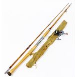 Fishing tackle, to include a Roller bale arm and a split cane fishing rod.