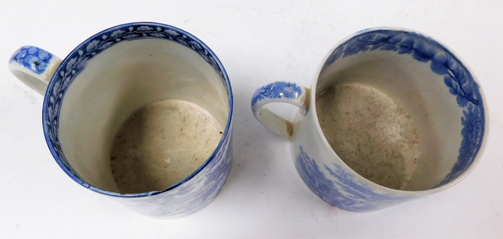 A large 19thC Pearlware mug, with blue and white transfer landscape and figure decoration, 9cm high, - Image 3 of 6