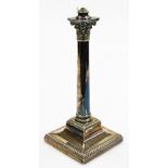 An early 20thC silver plated candlestick, converted to a table lamp, with Corinthian column support