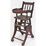 A Victorian child's high chair, bearing stamp for CH Thomas of Cardiff, 92cm high, 34cm wide, 54cm d