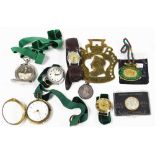 A group of watches and effects, comprising Timex stainless steel cased wristwatch, Latham leather cu