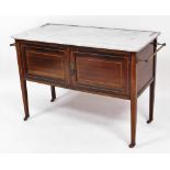 An Edwardian mahogany marble top wash stand, the white marble top above walnut parquetry inlaid base