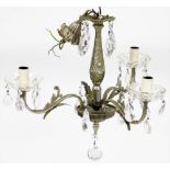 A silvered metal three branch chandelier, with glass droplets, 29cm high.
