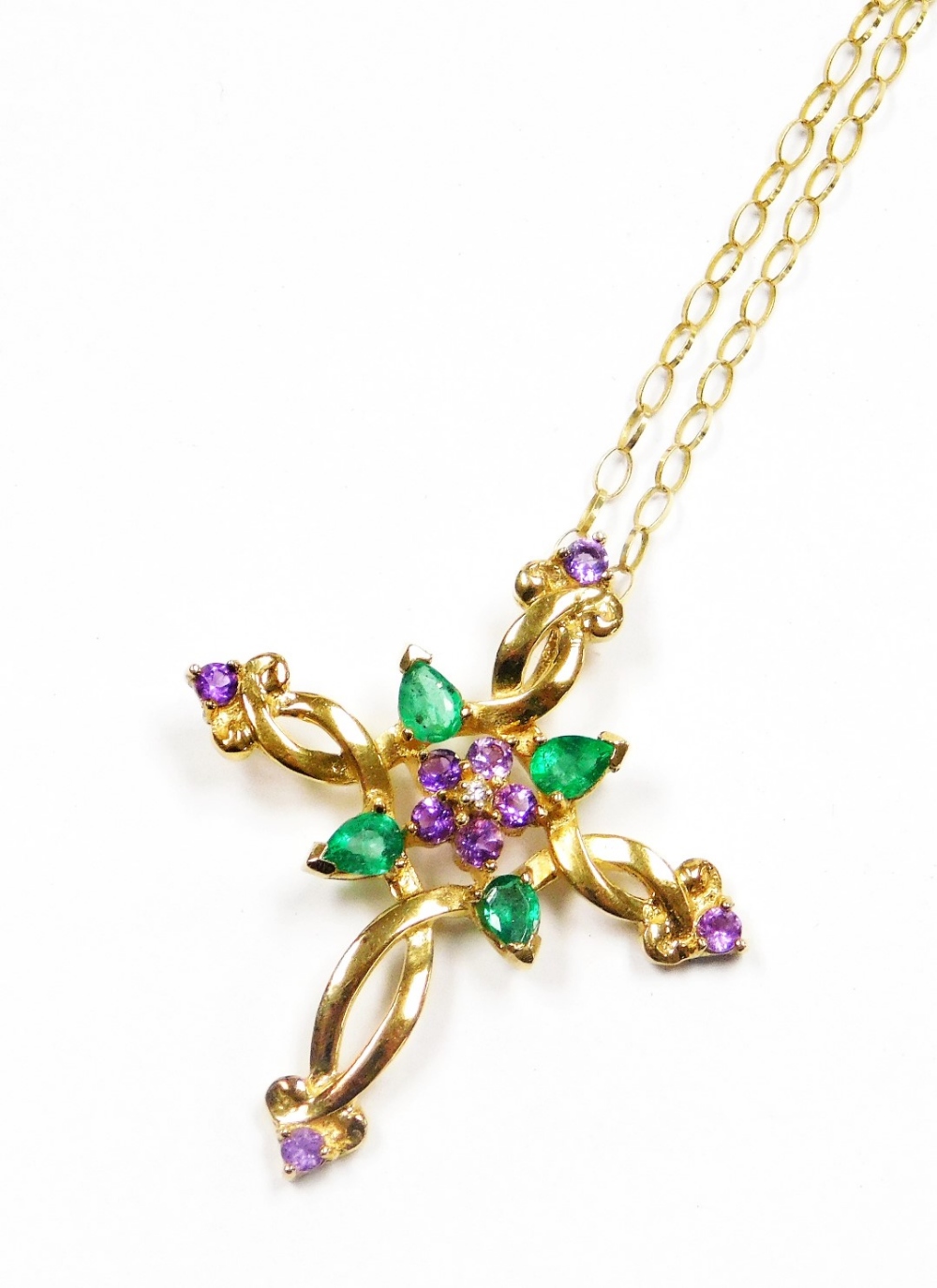 A House of Faberge Violets in the Snow cross pendant and chain, the cross set with amethyst and emer - Image 2 of 3