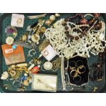 A small group of costume jewellery, a single 9ct gold hoop earring, dress rings, clip on earrings, s