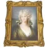 19thC School. Female in green dress, pastel, 62cm x 44cm, in elaborate moulded gilt frame.