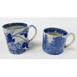 A large 19thC Pearlware mug, with blue and white transfer landscape and figure decoration, 9cm high,