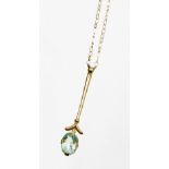 A 9ct gold aquamarine drop pendant, the Y shape drop with aquamarine, in double four claw setting, o
