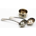 Three items of silver ware, comprising a silver bowl, Birmingham, 1933, and a pair of silver ladles,