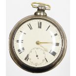 A Victorian silver pair cased watch, with white enamel dial and Roman numerals with seconds dial a