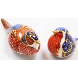 Two Royal Crown Derby paperweights, one of a robin with silvered stopper, 7cm high, and another of a