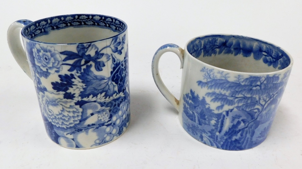 A large 19thC Pearlware mug, with blue and white transfer landscape and figure decoration, 9cm high, - Image 2 of 6