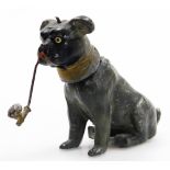 A late 19thC cold painted spelter nodding pug, in a seated pose holding pipe in its mouth, 7.5cm lon
