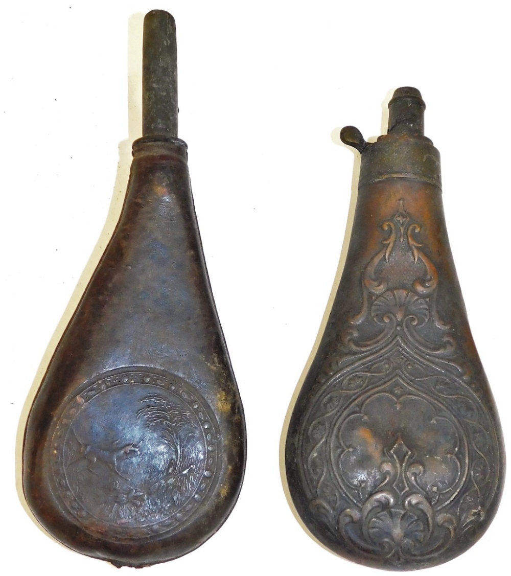 Two leather powder flasks, each leather, one with greyhound and tree emblems, with contents, and ano - Image 2 of 2