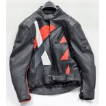 An Akito leather motorcycle jacket, with red and white stripe decoration, size 44.