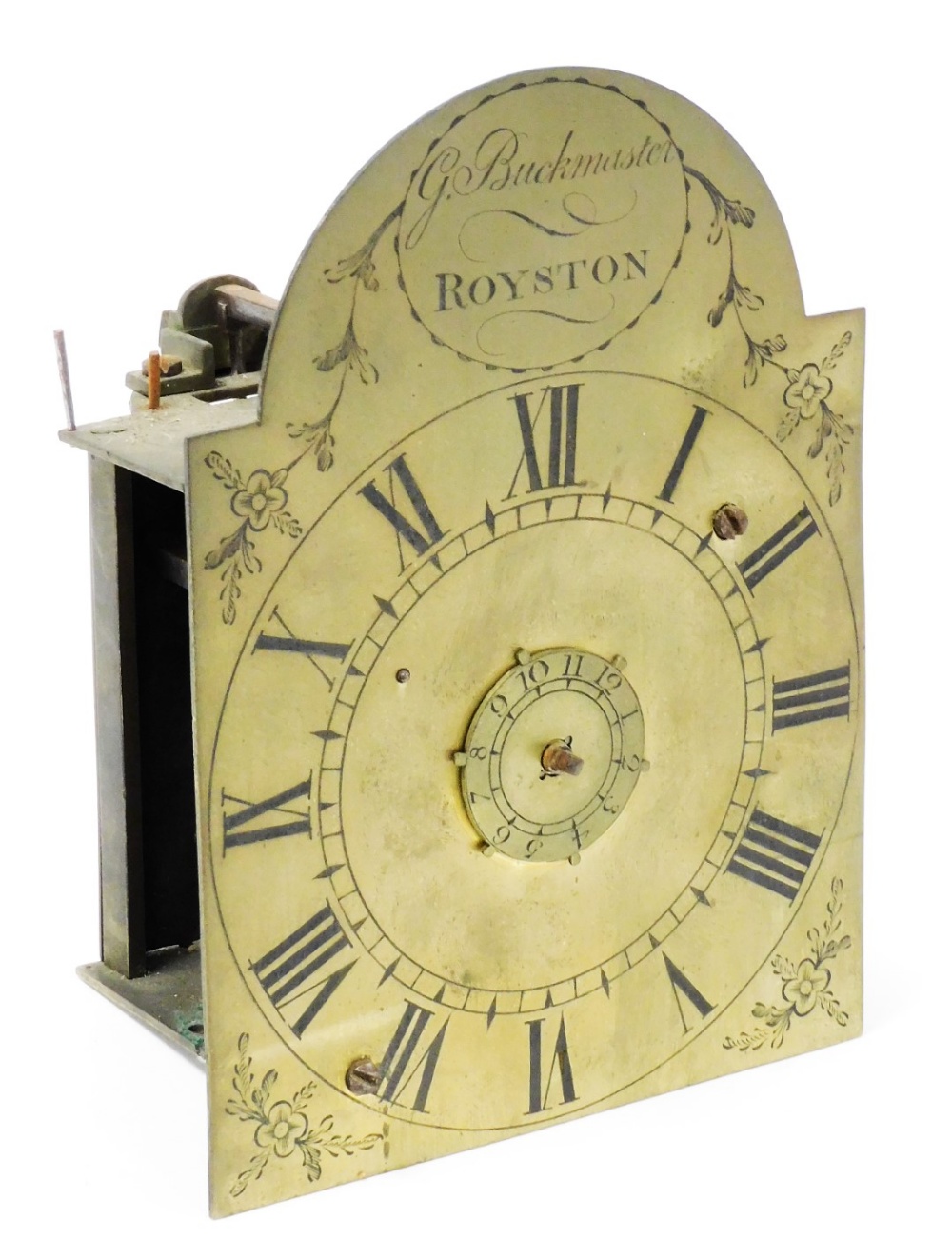G Buckmister, Royston. An 18thC lantern clock, the brass plate front with Roman Numerals and central