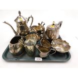 A group of silver plated wares, coffee pot, sugar bowl, milk jugs, EPNS and other. (1 tray)